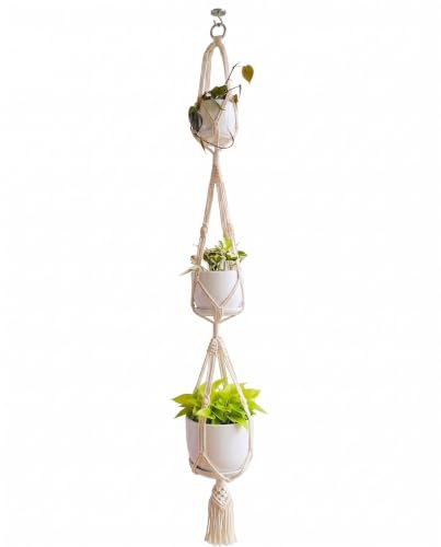Macrame Plant Hanger 70 Inch Indoor Hanging Planter Basket with Wood Beads Decorative Flower Pot Holder,Handmade Plant Hangers Indoor Holder Basket for Boho Home Décor, Ivory(POTS NOT Included)