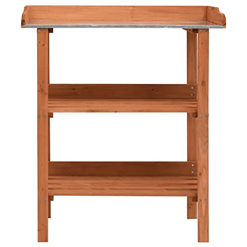 Wooden Plant Stand Outdoor 3 Tier Flower Shelf, Zinc Galvanized Tabletop Potting Bench Garden Display Rack for Patio Yard, Solid Firwood, 29.9" x 14.6" x 35"