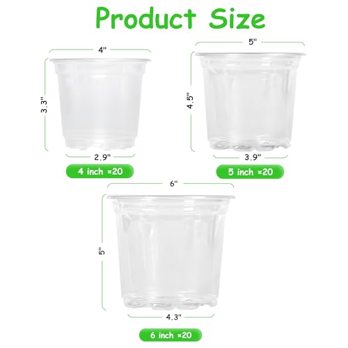 JERIA 60 Pack 6/5/4Inch Clear Nursery Pots with Drainage Holes, Clear Plant Pot for Planting, Transparent Plastic Plant Pots,Durable Seed Starting Pot for Succulents - size: 4/5/6Inch-60Pack