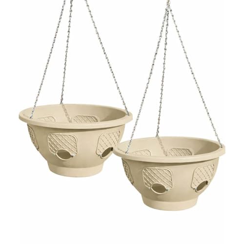 Ultimate Hanging Basket Strawberry & Flower Planter – 6 Side Planting Spaces, Drainage Hole, 1” Water Reservoir, Zinc-Plated Chain Included, Made in the USA (Desert Sand) - color: Desert Sand