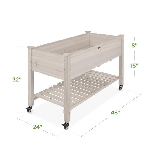 Best Choice Products Raised Garden Bed 48x24x32-inch Mobile Elevated Wood Planter w/Lockable Wheels, Storage Shelf, Protective Liner - White - color: White