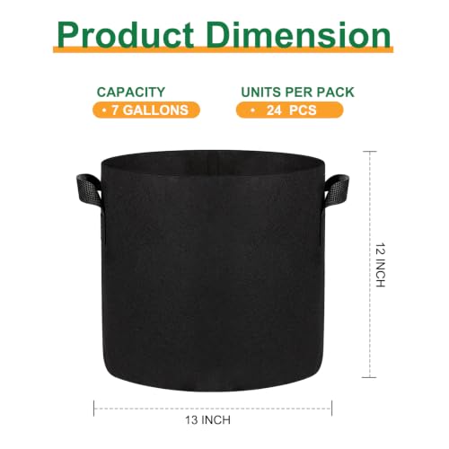 JERIA 24-Pack 7 Gallon Nonwoven Grow Bags, Plant Grow Bags,Heavy Duty Aeration Fabric Pots with Durable Handles - size: 7 Gallons