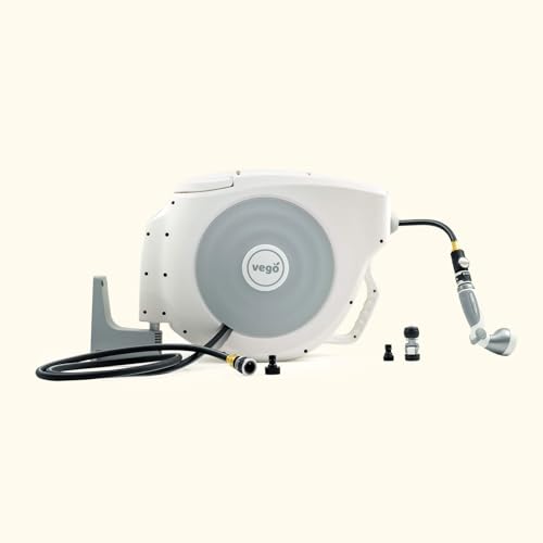 Garden Hose Reel Retractable 1/2" x 130ft Wall Mounted Hose Reel Automatic Rewind, Any Length Lock with 9 Patterns Sprayer Nozzle, Quick Connector and Adjustable shot Nozzle- Cloud White - color: Cloud White, size: 130ft