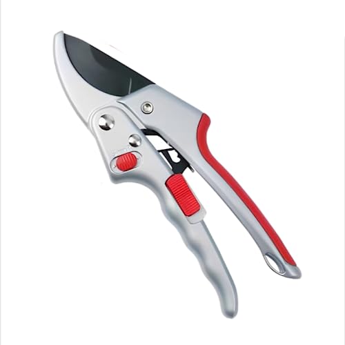 Garden clippers, premium Germany pruners, Work 3 times easier, professional ratchet pruning shears, cutting rose, flower, hedge, stem, tree, Sharp gardening scissors, Arthritis weak hand snips - color: Red/Silver