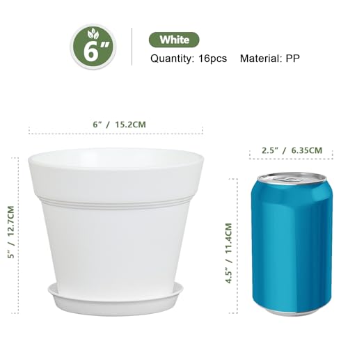 Meowell 6 inch Plastic Nursery Pots, 16 Pack Plant Pots for Indoor Outdoor Plants, Flower Pots with Drainage Holes and Saucers, Decorative Seedling Starter Planters for House Plants, White - color: White, size: 6inch 16pcs