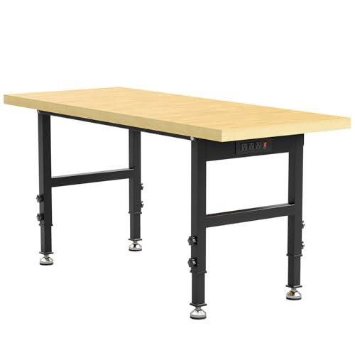60" Heavy Duty Wood Workbench Table with Power Strip, Adjustable Height Garage Work Table with 4 Rubber Pad,Tool Bench for Crafts & DIY