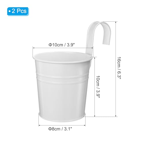 PATIKIL 4 Inch Hanging Flower Pots, 2Pcs Metal Iron Hanging Planters Flower Holder with Detachable Hook for Outdoor Indoor Garden Railing Fence Balcony, White - color: White