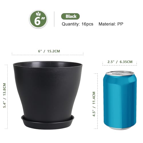 Meowell 6 inch Plastic Nursery Pots, 16 Pack Plant Pots for Small Indoor Outdoor Plants, Flower Pots with Drainage Holes and Saucers, Decorative Seedling Starter Planters for House Plants, Black - color: Black, size: 6inch B 16pcs