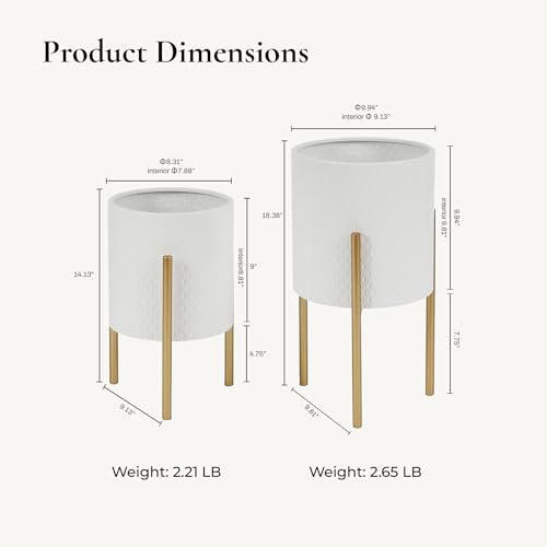 LuxenHome Indoor Planters, Set of 2 White Planter with Gold Metal Stand - color: White