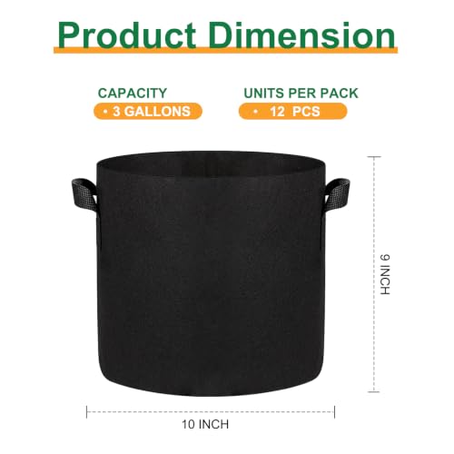 JERIA 12-Pack 3 Gallon Grow Bags, 300G Thickened Nonwoven Garden Pots,Heavy Duty Fabric Pots with Reinforced Handles - size: 3 Gallons