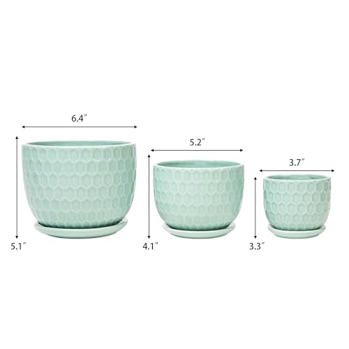 Ceramic Flower Pots with Drainage Hole and Saucer, Modern Round Succulent Planters with Honeycomb Inspired Texture Design, Small to Medium Sized, Set of 3, Green - size: 6.4"+5.2"+3.7" - Set of 3, style: Honeycomb