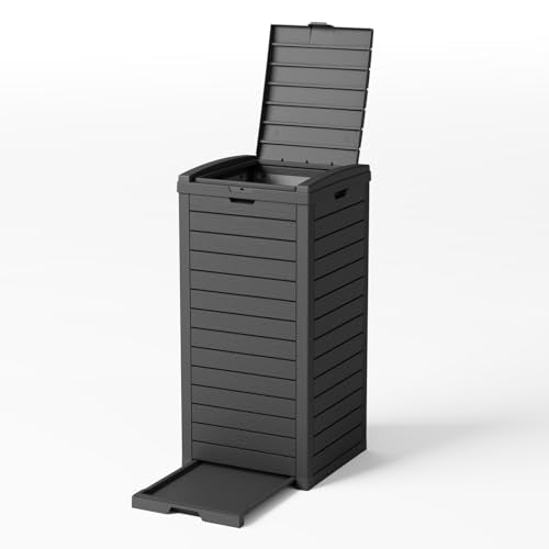 PatioZen 31 Gallon Outdoor Trash Can, Waterproof Trash Can Cabinet for Outside, Resin Garbage Bin with Lid and Drip Tray for Easy Cleaning for Patios, Kitchens, and Outdoor Entertaining(Black) - color: Black, size: 31 Gallon