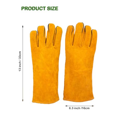 Welding Gloves,13 IN Leather Forge Fire Heat Resistant Gloves for Fireplace Fire Pit Wood Stove BBQ Gardening Gear Animal Handling
