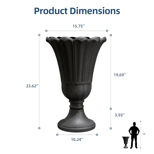 24" Tall Urn Planters for Outdoor Plants, Urns and Pedestal, Black - color: Black-sandblasting