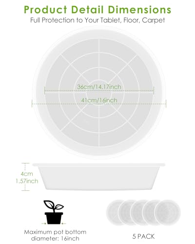 PACETAP 16 inch Plant Saucer Pot Tray 5 Pack, Large Thickened PP Plastic Flower Planter Water Drip Trays for Indoor Outdoor Garden, Semi-Transparent Planter Water Catcher for Pot, Plant Dish - size: 16 Inch