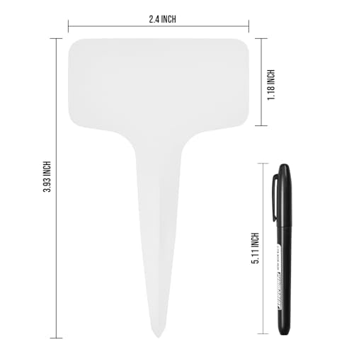 Plant Labels 200 Pcs Yuanling T-Type Plastic Garden Tags Waterproof Plant Sign Stakes Nursery Garden Makers for Seedlings Flower Vegetables Herb Potted Belt Permanet Marker Pen (White) - color: White