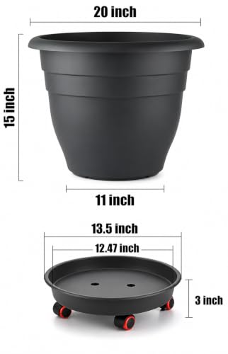 RooTrimmer 3 Pack 20 Inch Large Plant Pots with 13.5 Inch Rolling Saucers,Heavy Duty Planters with Wheels and Drainage Holes,Plastic Flower Pots for Indoor Outdoor Large Plants - color: Black, size: 20 inch+3 Trays