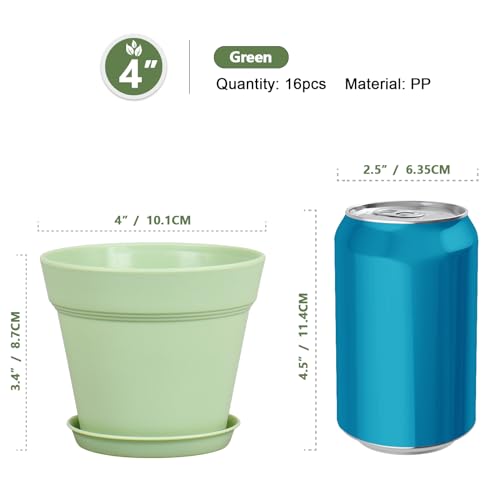 Meowell 4 inch Small Plastic Nursery Pots, 16 Pack Plant Pots for Indoor Outdoor Plants, Flower Pots with Drainage Holes and Saucers, Decorative Seedling Starter Planters for House Plants, Green - color: Green, size: 4inch 16pcs