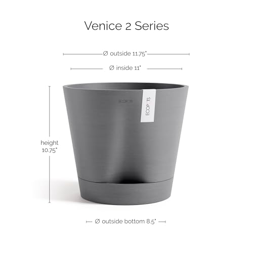 Ecopots Venice 2 Round Flower Planter with Water Reservoir, Grey, 8" - color: Gray, size: 12"