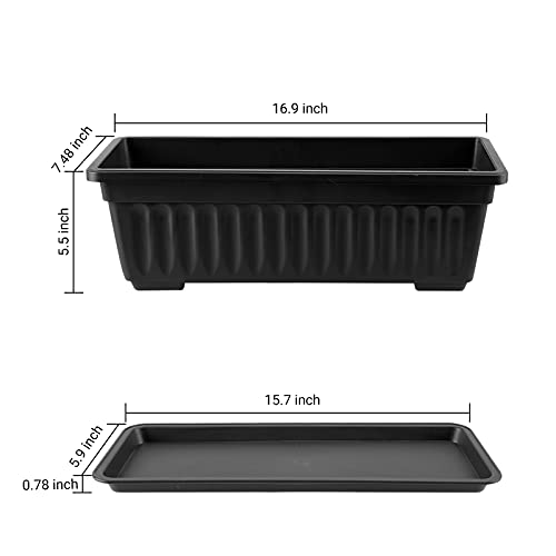 GREANER Rectangle Planters for Indoor Plants, 3 Pack Long Outdoor Plastic Flower Boxes Vegetable Growing Pots 16.9x7.48 Inch with Tray for Garden Balcony Windowsill House DIY - Black - color: Black, size: 3pcs/16.9x7.48in