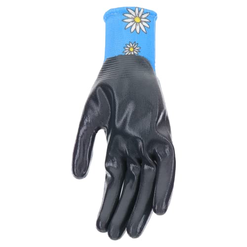 Mud Grip Women's Daisy Printed Polyester Shell and Flat Nitrile Coated Palm Gardening Gloves, - color: Blue, size: Medium/Large (Pack of 1)
