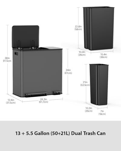 Lovewind Double Trash Can Kitchen, 13+5.5 Gallon Stainless Steel Dual Trash and Recycle Bin Combo with Silent Close Lid, Heavy-Duty Foot Pedal, Easy to Clean Garbage Can for Large Families, Grey - color: Grey, size: 13+5.5 Gallon