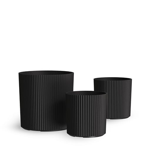 Mayne Haven Round Fluted Modern Planter Set, Black, 3-Pack - color: Black, size: 10in, 12in, and 14in