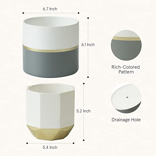 LA Jolie Muse Ceramic Flower Pots, 6.7 & 5.4 Inch Indoor Plant Pot Set of 2 - color: 6.7"+6.7"-white Gold Grey