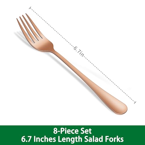 Rose Gold Salad Forks Set of 8, 6.7 Inch Stainless Steel Silverware Fork For Dessert, Copper Metal Small Fork For Dining - color: Rose Gold