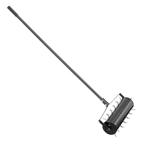 VEVOR Rolling Lawn Aerator, 21-inch Heavy-Duty Manual Rolling Aerator Lawn with Detachable Handle and 33 Iron Spikes, Rolling Lawn Aeration Tool for Garden Patio Yard Compacted Soils and Lawns, Black - size: 21-inch, style: Rolling