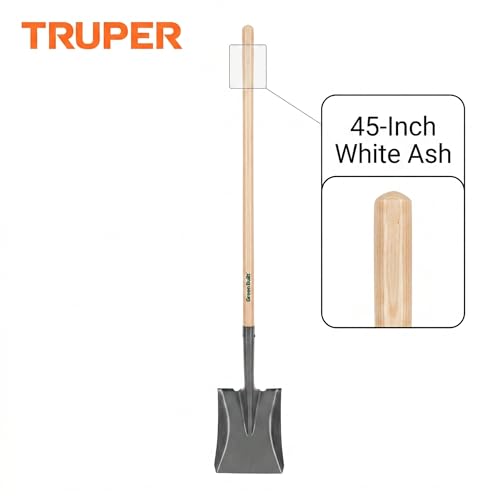 Truper Tru Built Square-Point Shovel, 45-Inch Wood Handle with 9-Inch Cushion Grip, Rolled Step Steel Blade, Heavy-Duty Scooping and Transfer Shovel (Model PCL-PE / 31174)