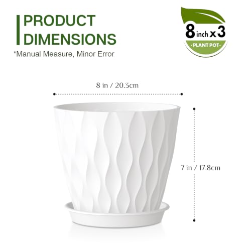 Plant Pots for Indoor Plants 3 Pack 8" Plastic Planters with Drainage Holes - color: White, size: 8 in 3pcs