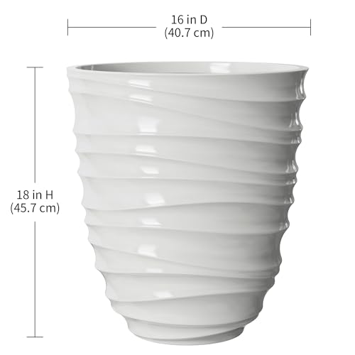 White Round Plastic Planter 16x16x18 Inches, Tall Sturdy Flower Pot for Patio and Garden, Fade and Weather Resistant, Lightweight Design with Drainage