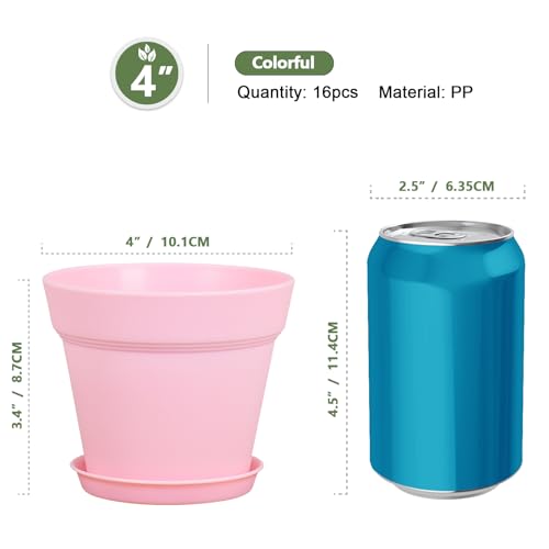 Meowell 4 inch Small Plastic Nursery Pots,16 Pack Plant Pots for Indoor Outdoor Plants, Flower Pots with Drainage Holes and Saucers, Decorative Seeding Starter Planters for House Plants, Colorful - color: Colorful, size: 4inch 16pcs