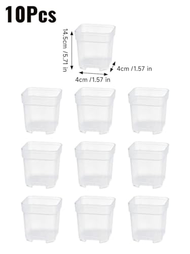 10 Pcs Clear Square Nursery Pots, Reusable Seedling Pots with Drainage Holes, Transparent Small Plant Potting Pot Containers for Seedlings Microgreens, Flowers, Indoor Gardening (14.5x4x4cm)