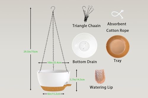 Hanging Planters, 3-Pack 10 Inch Self-Watering Pots with Drainage Holes and Chains, Matte Plastic Planters for Indoor/Outdoor Plant(White Brown) - color: White Brown, size: 10 inches