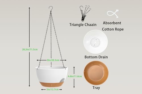 Hanging Planters 3-Pack, 8 Inch Self-Watering Hanging Pots with Drainage Hole and Chains, Plastic Planters for Indoor Outdoor(White Brown) - color: White Brown, size: 8 inches
