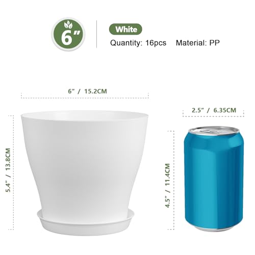 Meowell 6 inch Plastic Nursery Pots, 16 Pack Plant Pots for Small Indoor Outdoor Plants, Flower Pots with Drainage Holes and Saucers, Decorative Seedling Starter Planters for House Plants, White - color: White, size: 6inch B 16pcs