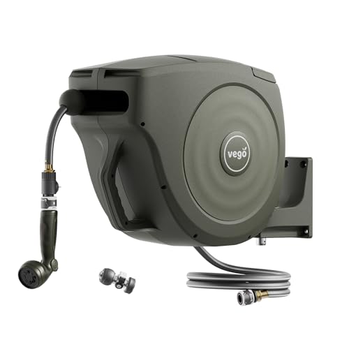 Vego Garden Hose Reel Retractable 1/2" 130ft Wall Mounted Hose Reel Automatic Rewind, Any Length Lock with 9 Patterns Sprayer Nozzle, Quick Connector and Adjustable shot Nozzle -Seaweed Green - color: Seaweed Green, size: 130ft