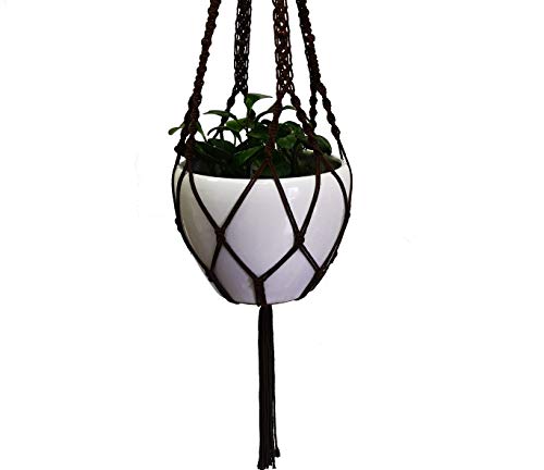 Hemp and Cotton Rope Macrame Plant Hanger Hanging Planter 4 Legs 59 Inch, Without Pot for 12-13 inch Plant Pot (Dark Brown-Cotton)