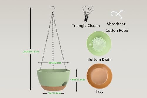 Hanging Planters 3-Pack, 8 Inch Self-Watering Hanging Pots with Drainage Hole and Chains, Plastic Planters for Indoor Outdoor(Green Brown) - color: Green Brown, size: 8 inches