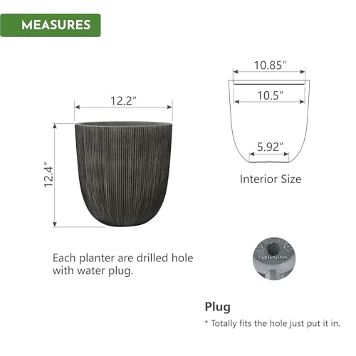 12.4"H Tall Tapered Ribbed Plastic Plant Pot with Drainage Hole & Plug - color: Vintage Black, size: 12.4in