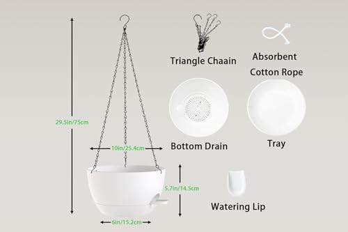 Hanging Planters, 3-Pack 10 Inch Self-Watering Pots with Drainage Holes and Chains, Matte Plastic Planters for Indoor/Outdoor Plant(White) - color: White, size: 10 inches