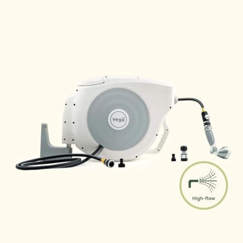 Vego Garden Hose Reel Retractable Hi-Flow Wall Mounted Hose Reel Automatic Rewind, Any Length Lock with 9 Patterns Sprayer Nozzle, Quick Connector and Adjustable shot Nozzle (Cloud White, 82ft) - color: Cloud White, size: 82ft