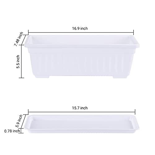 GREANER Plastic Flower Boxes Rectangle, 6 Pack Large Long Planter 16.9x7.48Inch Modern Thicken Vegetable Plant Pot with Tray for Garden, Kitchen, Houses, Offices, Balcony, Outdoor Indoor Use - White - color: White, size: 6pcs/16.9x7.48in