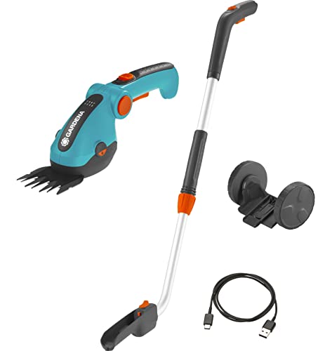 GARDENA 9858-20 Battery Grass Shears with Extension Handle and Wheels Set, Cordless, Handheld Shears, 80 Min Run time, Replaceable Quality Non Stick Blades - style: Grass Shears, Extension Pole & Wheels SET