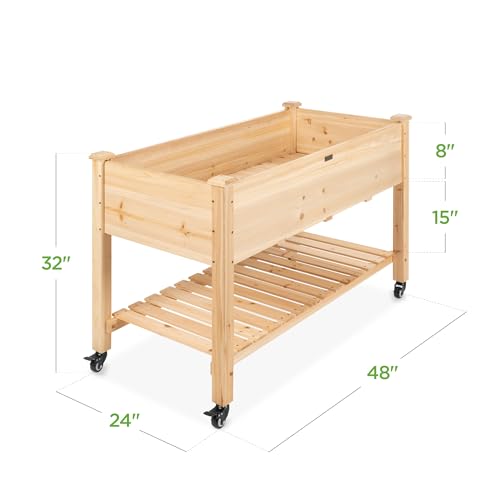 Best Choice Products Raised Garden Bed 48x24x32-inch Mobile Elevated Wood Planter w/Lockable Wheels, Storage Shelf, Protective Liner - Natural - color: Natural