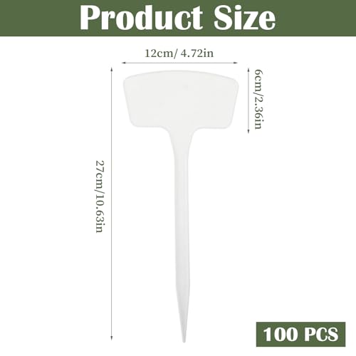 100 Pcs Plant Labels,T-Type 10.63inch Large Plastic Plant Tags Waterproof Plant Makers Nursery Garden Labels for Outdoor Indoor Plants Flowers Vegetable Potted Belt Marker Pen (White)