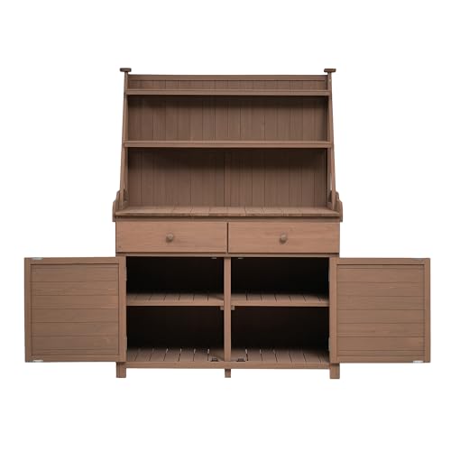 Outdoor Potting Bench Table, Wooden Gardening Table with Storage Cabinet, Drawer, Shelf, Planting Work Bench Station for Garden, Patio, Brown