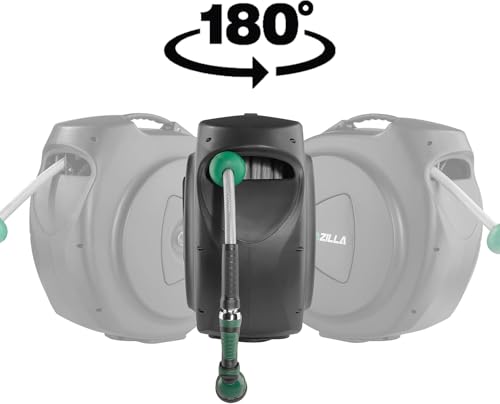 Retractable Garden Hose Reel, 100Ft x 5/8" Durable Wall Mounted Water Hose Reel with 180° Swivel Bracket, 9 Pattern Sprayer, 6Ft leader hose,Smooth Automatic Rewind, Any Length Lock. - size: 100Ft x 5/8"